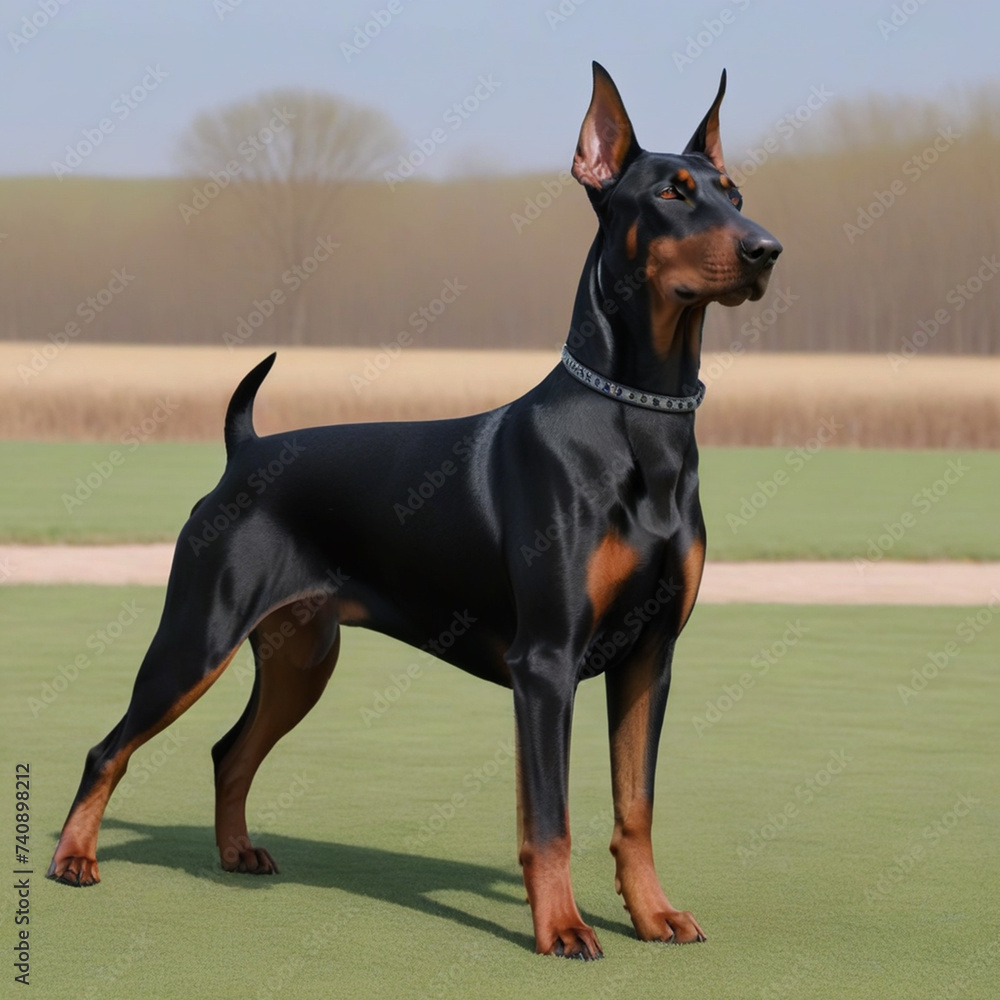 The Doberman Pinscher dog poses with his whole body in nature