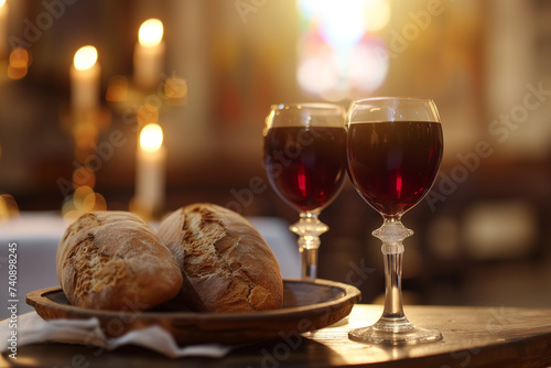 Communion elements on a church altar, Close-up of bread and wine photo