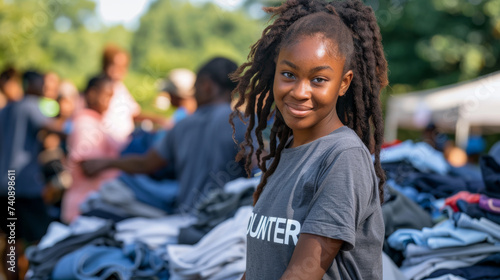 young woman wearing a t-shirt with the word "VOLUNTEER" printed on it, smiling at the camera with other volunteers in the background