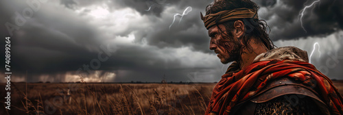 Warrior standing in a stormy field, dramatic sky