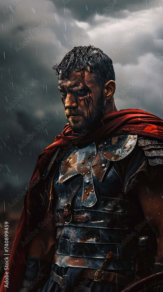 Warrior standing in a stormy field, dramatic sky Warrior standing in a stormy field, dramatic sky
