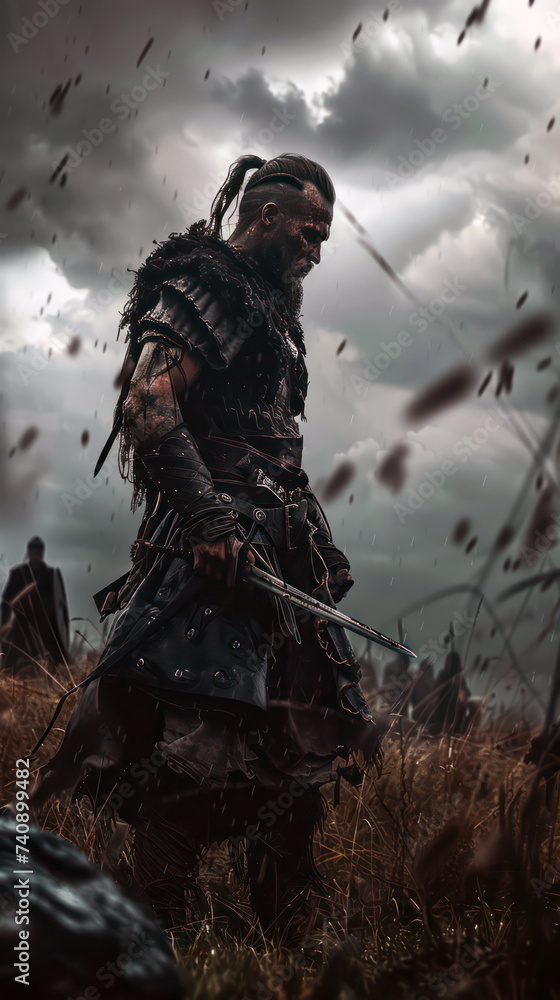 Warrior standing in a stormy field, dramatic sky Warrior standing in a stormy field, dramatic sky