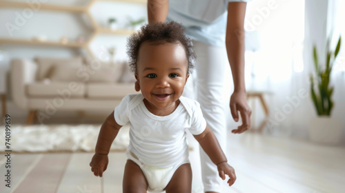 joyful baby is taking steps towards the camera while holding an adult's hand, likely taking some of their first steps in a cozy home environment.