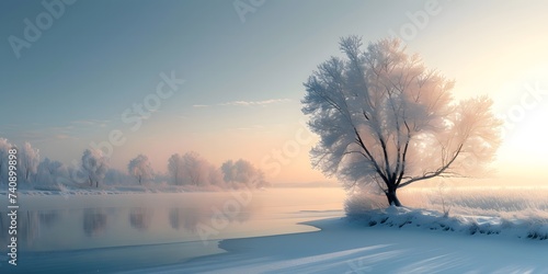 a tree on a lake in winter with white leaves