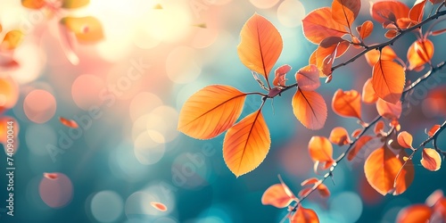 closeup beautiful orange foliage in autumn sunny day with blurry background