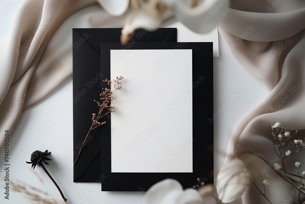 Wedding invitation mockup. Blank template for design or product placement. Blank card on neutral background with soft fabric and flowers. Elegant wedding flat lay composition Wedding invitation mockup. Blank template for design or product placement. Blank card on neutral background with soft fabric and flowers. Elegant wedding flat lay composition