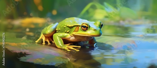 vector illustration of a painting of a green frog sitting on a leaf carried by the river current © akhmad