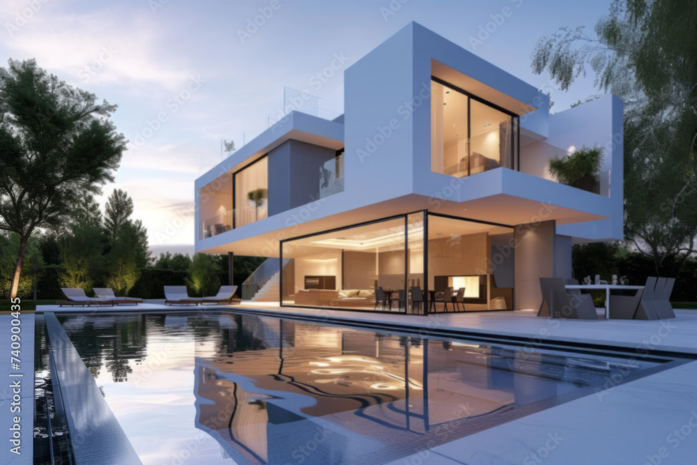 Contemporary Home with Pool and Outdoor Living Space at Dusk Contemporary Home with Pool and Outdoor Living Space at Dusk
