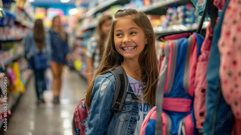 Happy school girl with backpack shopping for school supplies. Back to school concept. 