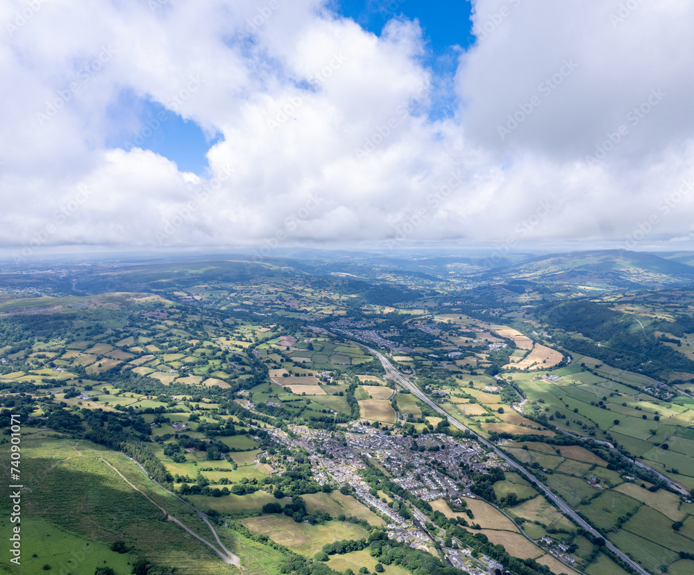 Amazing aerial panorama of Abergavenny, wales, England, summer outdoor