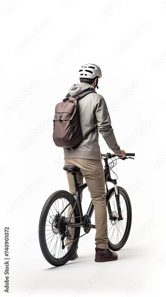 Obraz premium Back view of a man using bicycle isolated on white background