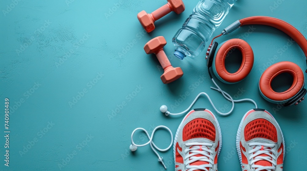Fitness and health care concept of red dumbbells, athlete shoes, headphones and drinking water bottle on blue background, - obrazy, fototapety, plakaty 