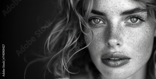 Black and white portrait of a freckled woman