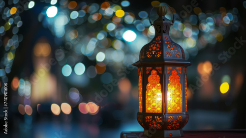Magical Ramadan Atmosphere with Illuminated Lantern on Textured Wood