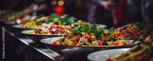 Diverse group serves colorful dishes at a buffet in a restaurant setting. Concept Restaurant Buffet, Diverse Group, Colorful Dishes, Food Presentation, Social Gathering