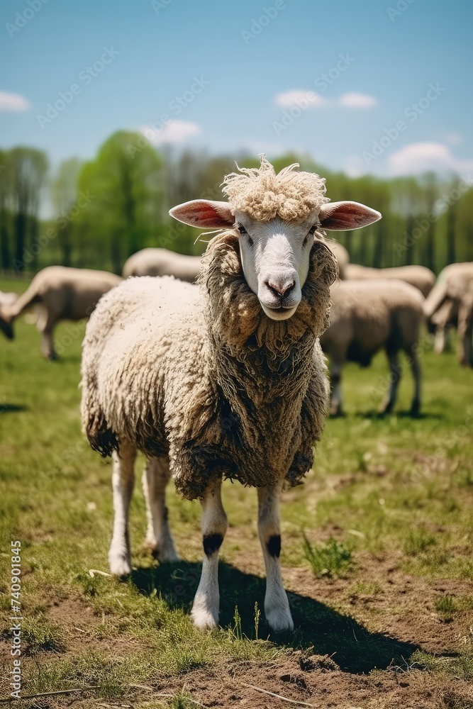 A sheep with a vibrant, multicolored coat, standing out from the rest of the flock