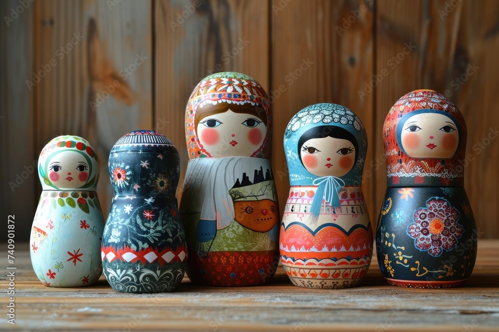 A row of intricately painted Russian nesting dolls displayed on a wooden table, Gift boxes in the form of nesting dolls, each box fitting inside the other, AI Generated