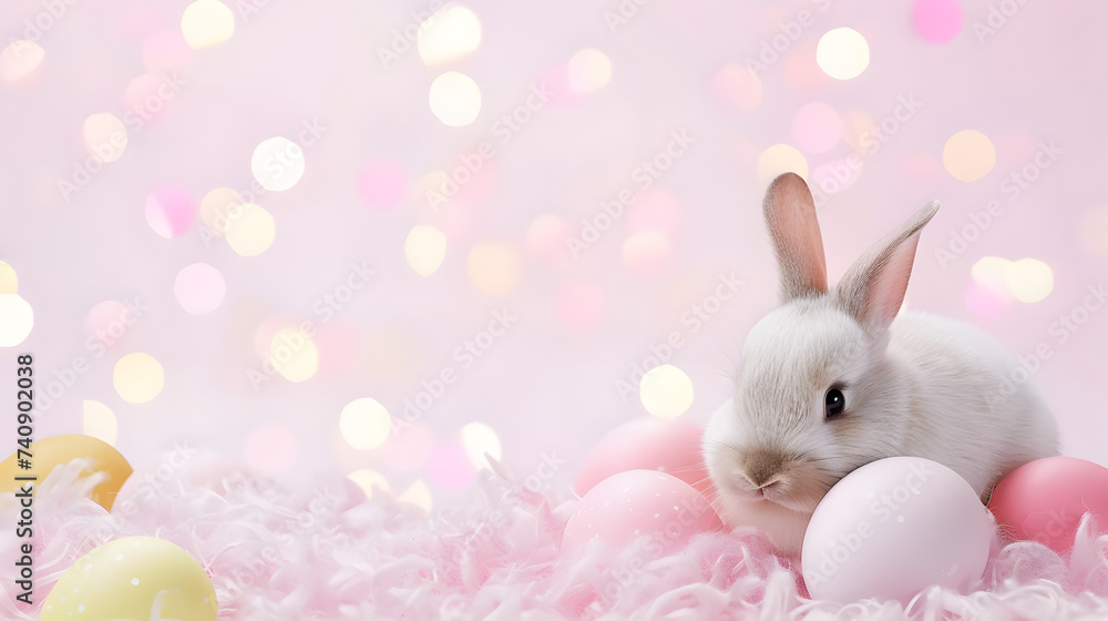 Cute rabbit and easter eggs. Concept of happy easter day.