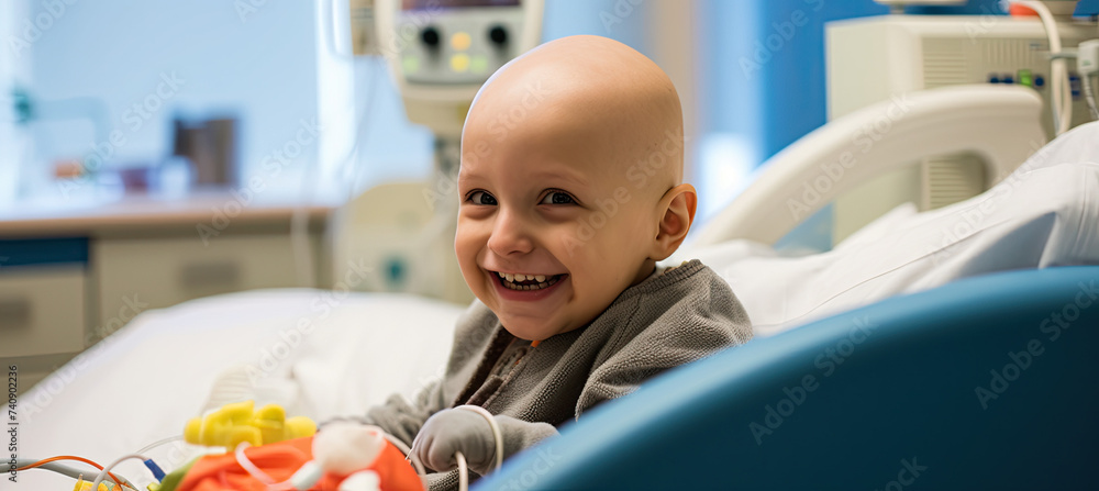 Bald boy smiling in a cancer hospital bed Bald boy smiling in a cancer hospital bed