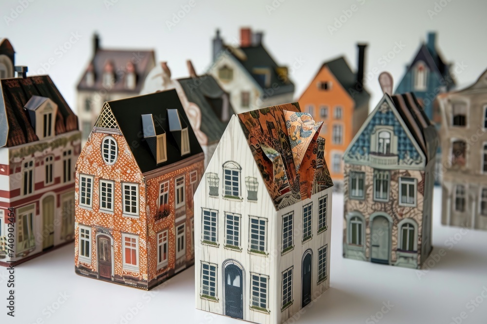 A collection of small houses, neatly arranged on top of a table surface, Gift boxes shaped as miniature houses from different architectural periods, AI Generated