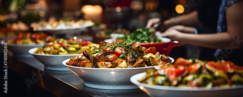 A Variety of People Enjoying Colorful Food at a Buffet in a Restaurant Setting. Concept Food Photography, Restaurant Scene, Buffet Spread, Colorful Dishes, Diverse Group Gathering