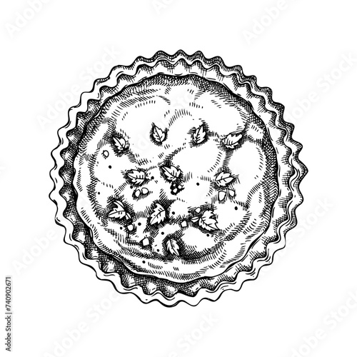 Quiche Lorraine vintage drawing. French tart with cream, eggs, and bacon. Traditional food from France sketch. French restaurant menu design. Hand-drawn vectror illustration, NOT AI generated