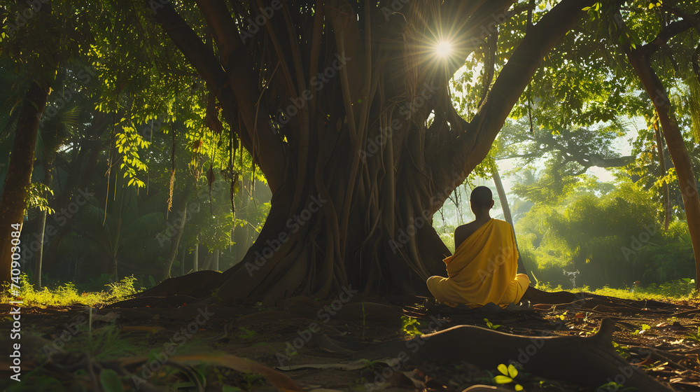 Buddhist monk in meditation beside a tree in the jungle Buddhist monk in meditation beside a tree in the jungle