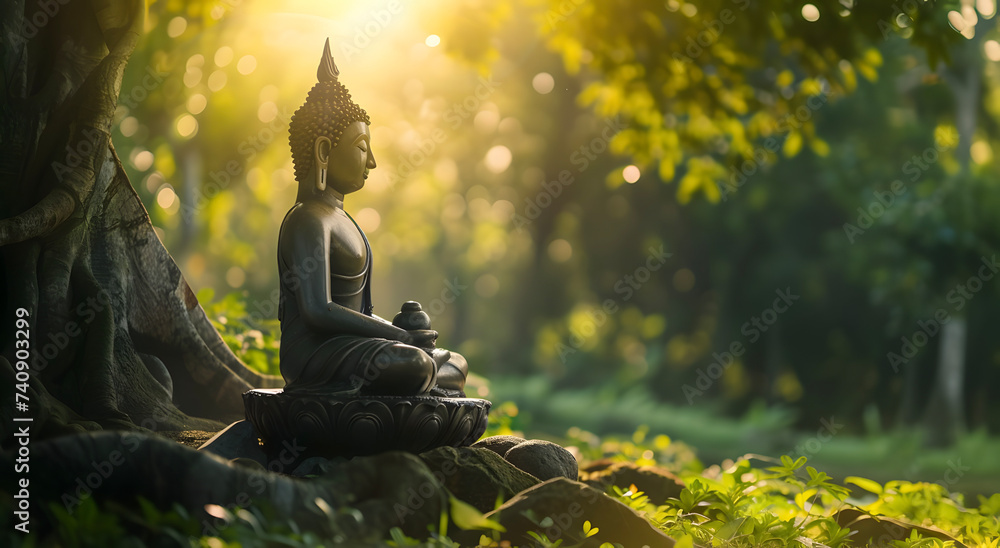 Buddha statue meditating near big tree. - obrazy, fototapety, plakaty 
