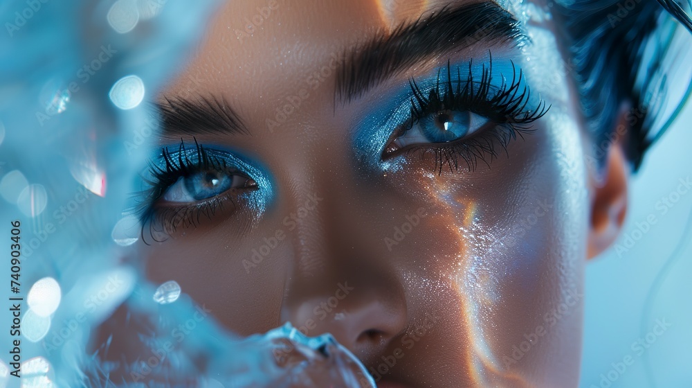 A high fashion advertising photograph of nature captures the look of a woman in incredible blue makeup. Natural elements in the essence and magnitude of nature with an incredible beautiful model.