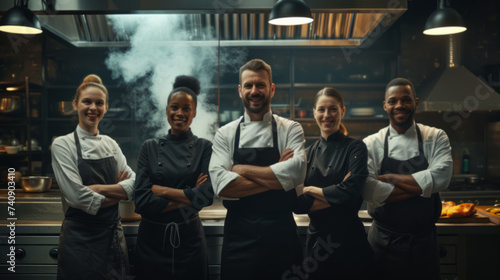 Diverse Culinary Team Posing Confidently in Commercial Kitchen photo