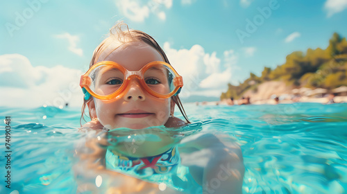 Cute child with goggles swimming in sea © ZayNyi