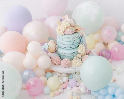 Soft pastel birthday theme macaron cake balloons with gentle hues
