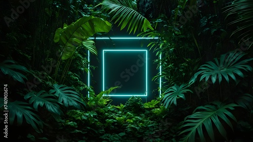 neon circle, octagon, rectangle between tropical leaves, dark tropical forest, leaves environment, neon glow, darkness, tropical environment, forest, background, wallpaper