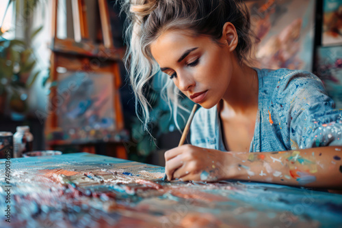 Concentrated female artist meticulously painting