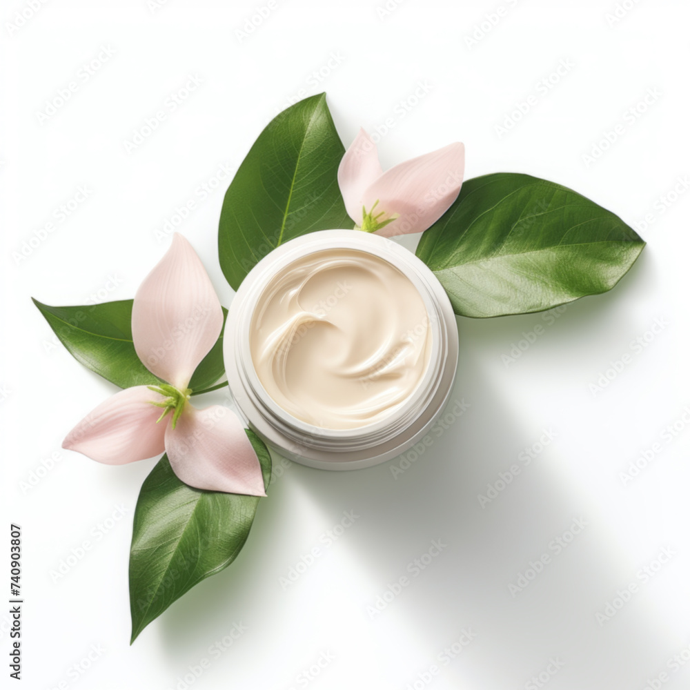 Jar with cream and flowers on white background, top view Jar with cream and flowers on white background, top view