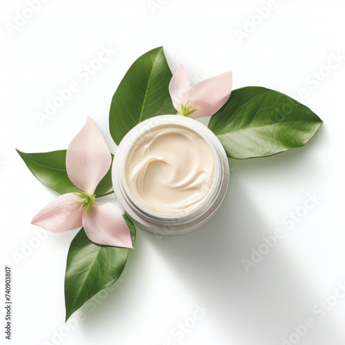 Jar with cream and flowers on white background, top view