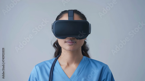 Nurse tends to patients, providing comfort and support with empathy and professionalism with virtual reality sunglass