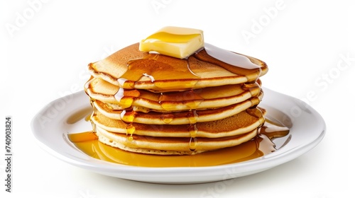 Pancakes with butter and honey syrup on the white plate isolated on a white background