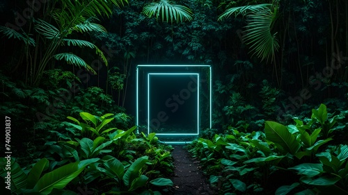 neon circle, octagon, rectangle between tropical leaves, dark tropical forest, leaves environment, neon glow, darkness, tropical environment, forest, background, wallpaper