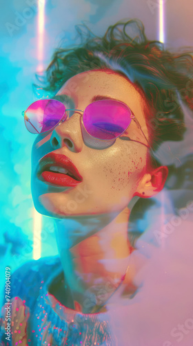 Woman with pink sunglasses and colorful lighting © ColdFire