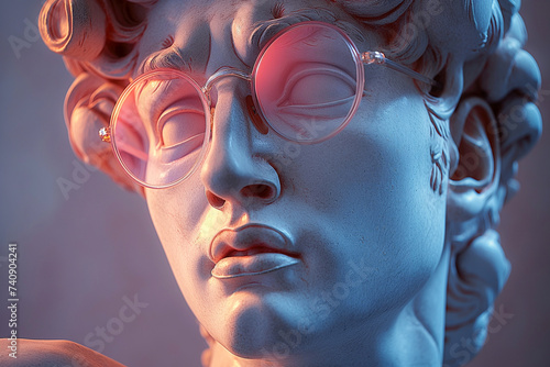 Ancient greek David's head sculpture wearing pink sunglasses. Bust sculpture in glasses. Minimal composition, modern art, party, vacation and romantic concept