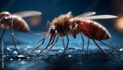 Two waterrelated insects, arthropods with electric blue membrane wings, are standing next to each other on a table. They are likely pests and parasites known for causing annoyance photo