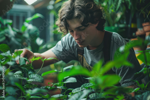 Young man caring for plants in greenhouse