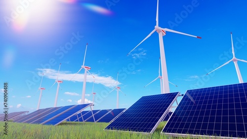 3840x2160. Solar power plant and windmills. Renewable energy, green tech. Green enerjy, renewable energy concept. 