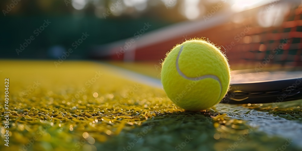 closeup a tennis ball and a racket on the court