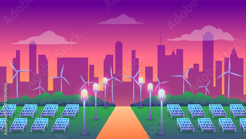 Solar panels and wind turbines installed as renewable station an energy sources for electricity and power supply.Innovation,Green Energy Source. Alternative Renewable Energy. 