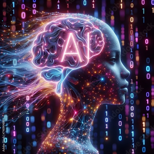 Profile of a woman's face with brain shape and artificial intelligence 'AI' lettering, against a dark background of cascading binary code numbers. Conceptual illustration image.