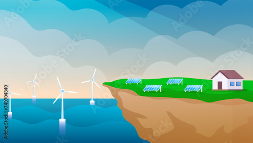 Solar panels and wind turbines installed as renewable station an energy sources for electricity and power supply.Innovation,Green Energy Source. Alternative Renewable Energy. 