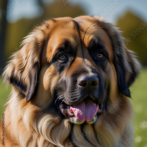 The Leonberger dog poses with his whole body in nature