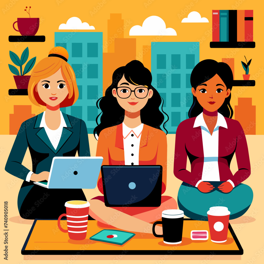 Fototapeta premium Vibrant Vector Art Showcasing Empowered Businesswomen Embracing Collaboration and Teamwork